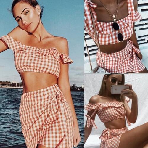 Women Dresses Set Plaid Summer Dress Ruffle Slash Neck 2019 Mini Sundress Casual Sexy Bodycon Top Beach Dress Vestido De Festa