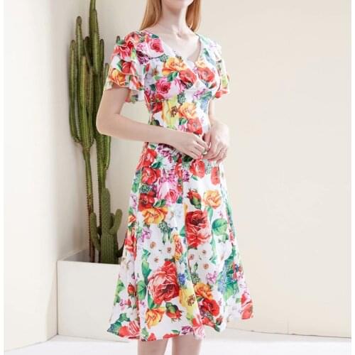 Newest HIGH QUALITY 2021 Summer Fashion Designer Runway Womens V-Neck Butterfly Sleeve Gorgeous Floral Print Dress
