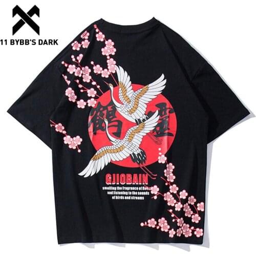 11 BYBBS DARK Chinese Crane Flowers Print T shirts Men Women Summer Short Sleeve Harajuku Hip Hop Shirt Streetwear Hipster Tops