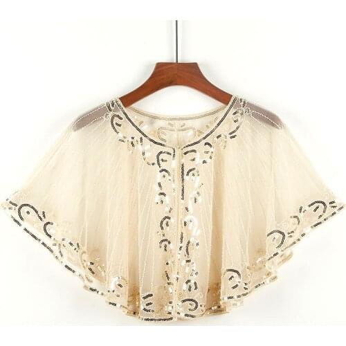 1920s Shawl Wraps Sequin Beaded Evening Cape Bridal Bolero Flapper Cover Up New Round Neck Sequins For Summer Gauze 7038