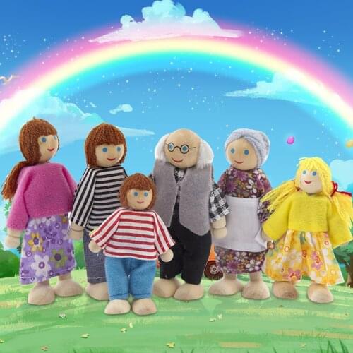 6PCS Wooden Furniture Dolls House Family Person Figures Miniature Set Doll Toys Pretend Play Dollhouse For Kids Child Play Toy