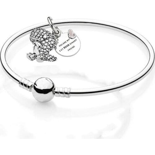 925 sterling Silver Best Friends Pave Dinosaur Hanging Charm Original Pan Bracelets Bangle Set for Women