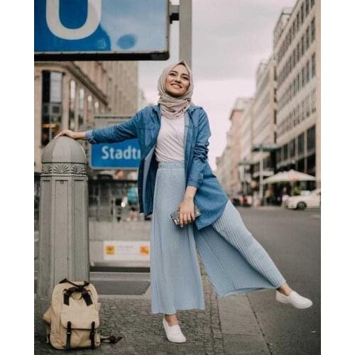 Arab Sweat High Waist Muslim Pleated Wide Leg Pants Women Solid Color Wrinkle Ankle-length Long Pants Musulman Islamic Clothing