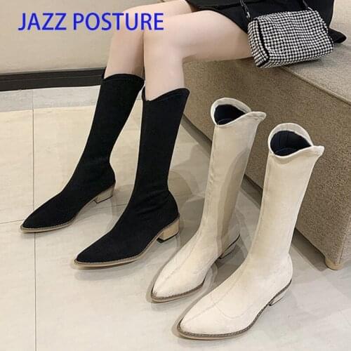 Black Autumn Boots for Fashion Women Knee-High Low-heeled Pointed Toe Casual Shoes Puppy Heel Western Cowboy Knight Boot z692
