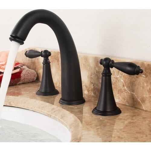 Black Oil Rubbed Bronze Double Handles 3 Holes Install Widespread Deck Mounted Bathroom Sink Basin Faucet Sink Mixer Tap mhg081