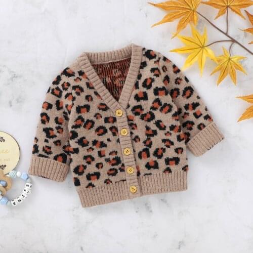 Kids Baby Boys Girls Leopard Print Sweater Coat V-neck Button-up Knitted Cardigan Kids Casual Tops for Autumn Winter Clothes