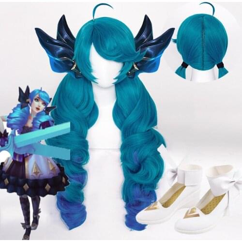 Gwen LOL Cosplay Women 83cm Long Spiral Wig Blue Gradient Wig Cosplay Anime Ponytail Wig Heat Resistant Synthetic Wigs Halloween