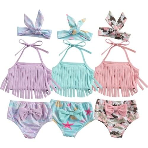 FOCUSNORM 0-3Y Infant Baby Girl Swimsuit Bikini Sets Sling No-Sleeve Tassels Split Hem Tops Cartoon Printed Shorts Beach Clothes