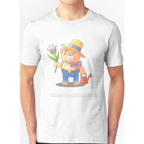 Teddy Bear Gardener Funny Illustration T Shirt Round Collar Short Sleeve T-Shirts Teddy Bear Gardener Flower Toy Bear Animal