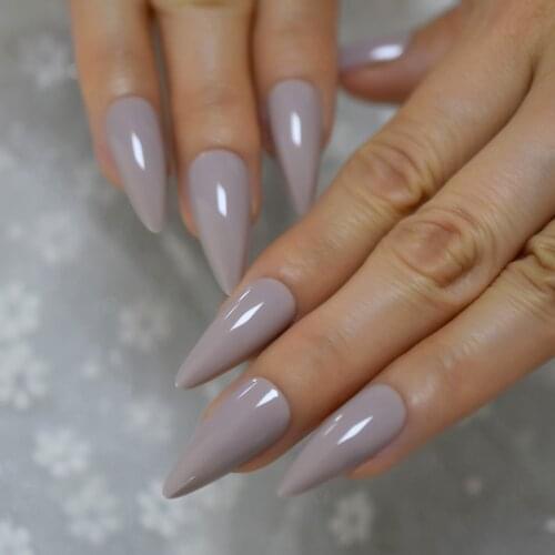 Cream Light Brown False Nails Long Medium Pointed Stiletto Artificial Acrylic Nail Art Tips Predesigned UV Polish Nails 24 Count