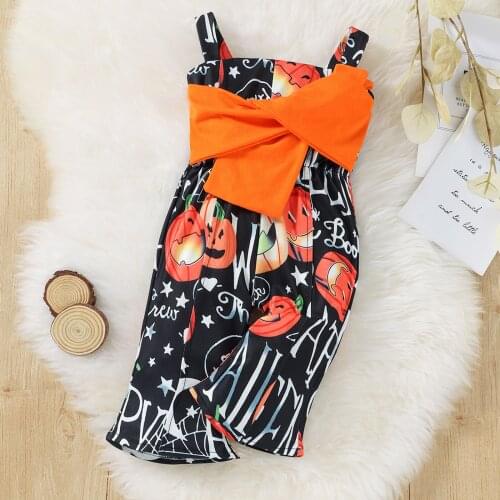 Toddler Kids Baby Girls Rompers Halloween Pumpkin Print Bowknot Jumpsuit Baby Kids Girls Casual Jumpsuit Playsuit Child Outfits