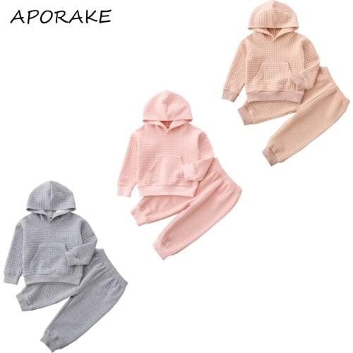 2021 0-6Y Kids Baby Girl Boy Clothing Set Tracksuit Solid Color Long Sleeve Hooded Top With Pocket+Harem Pants Fall Casual 2pcs