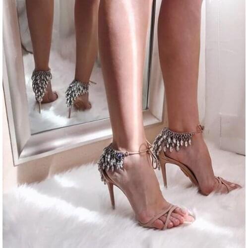 Moraima Snc Crystal Tasseled High Heel Shoes Summer Open ToOe Ankle Strap Gladiator Sandal Woman Thin heels Party Shoes