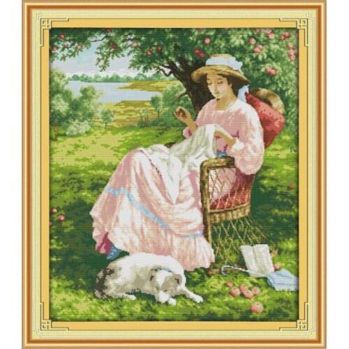 Joy Sunday Woman Under The Apple Tree Chinese Character Cross Stitch Kit Lady And Puppy Dog Furniture Cloth Sewing Embroidery