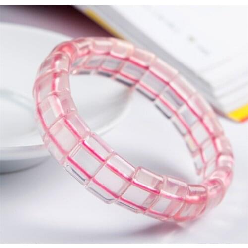 Genuine Natural Rose Pink Quartz Bangle Bracelets For Women Lady Stretch Crystal Rectangle Bead Natural Stone Bracelet