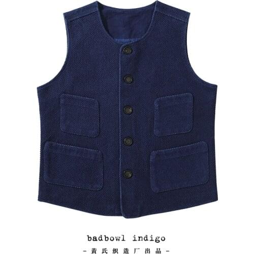 New Spring and Autumn Fashion Indigo Blue Mens Dyed Outer Vest Japanese Retro Sashiko Kendo Fabric Mens Vest with Multi-pocket
