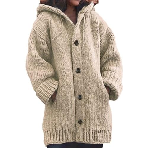 Solid Women Sweater Casual Warm Loose Button Hooded Sweaters Knitting Jumper Long Sleeve Top Thick Winter Clothes Gilet Femme
