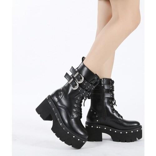 Autumn Winter Gothic Womens Thick-soled Season Martin Boots Rivet Mid-tube Short Boots Belt Buckle Thick Heel Motorcycle Boots