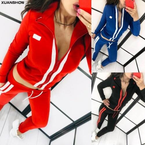 XUANCOOL 2021 Autumn Tracksuit Women Striped Jacket and Long Pant Suits Sweatsuit Jogging Two Piece Set Casual Athleisure Wear