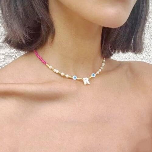 Handmade Custom Initial Shell Letter Beaded Necklace Rose Red Bead Natural Pearl Stitching Gift For Friend Retro Charm Blue Eyes