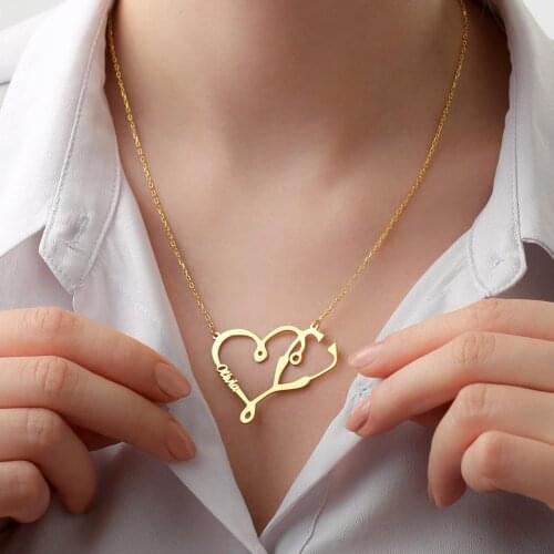 Medical Stethoscope Name Heartbeat Necklace Hospital Jewelry Doctor Nurse Warm Heart Nameplate Necklace