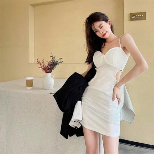 Female Korean Kawaii Ins Solid Color Hollow Dress Womens Dresses Japanese Harajuku Vintage Ladies Ulzzang Clothing For Women