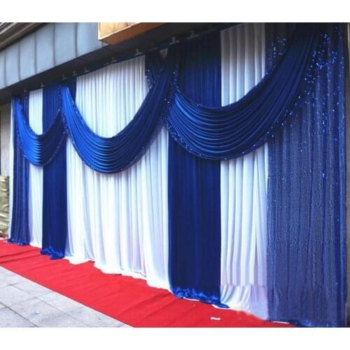 Romantic 3*6m (10ft*20ft) royal blue backdrop church Stage Curtain with Sequin Swags Ice Silk Wedding Party Stage Decoration