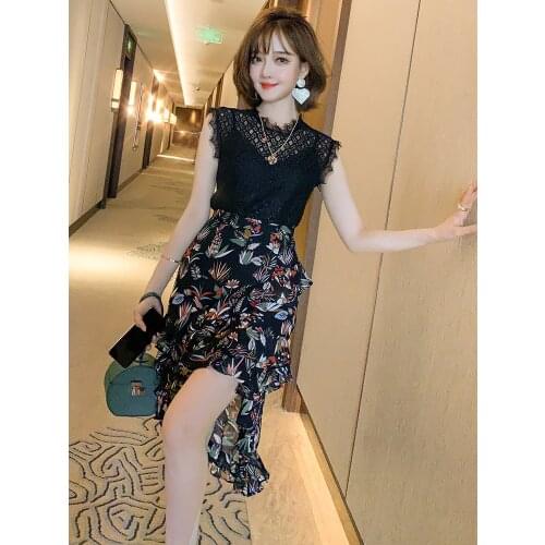 Top Quality Cut out lace shirt with sling+Three piece printed Ruffle Skirt summer suit