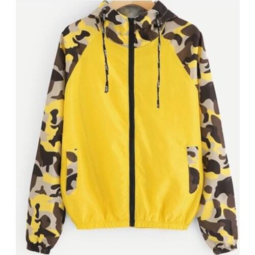 Ladies Camouflage Patchwork Jacket Ladies Long Sleeve Patchwork Hooded Zipper Pocket Casual Sports Thin Coat Jacket Cool