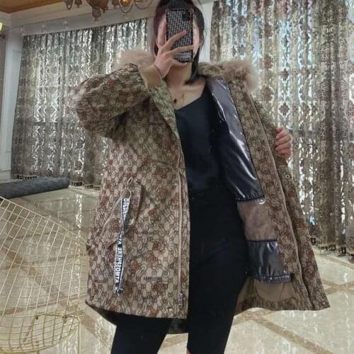 Parka fur real winter coat women 2021 new fashion hooded with real fur collar warm jacket bear pattern rabbit fur linner