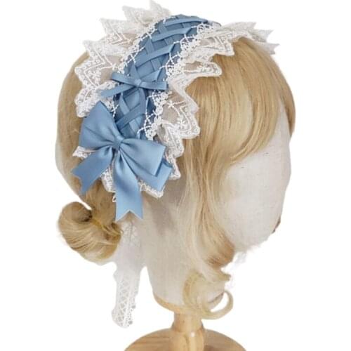 Women Mesh Ruffles Lace Headdress with Bowknot Lovely Ribbon Headband Maid Anime Cosplay Novelty Hair Hoop Props