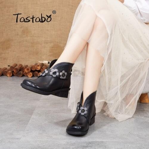Tastabo 2019 autumn and winter ladies ankle boots Handmade vintage style everyday shoes Khaki Black S88203 Low heel womens boot