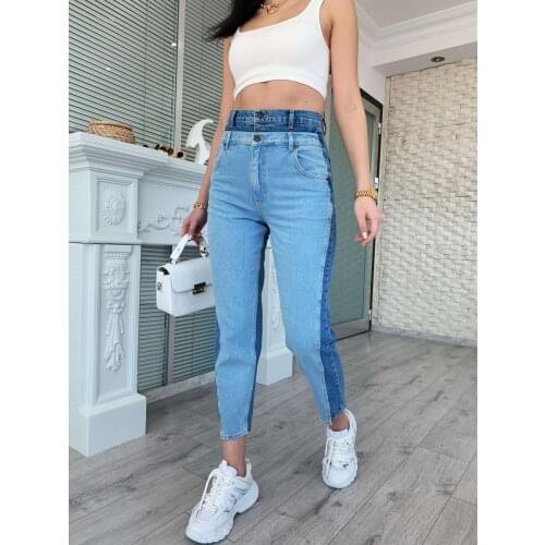 Double Waist Block Denim Pants Jean Woman