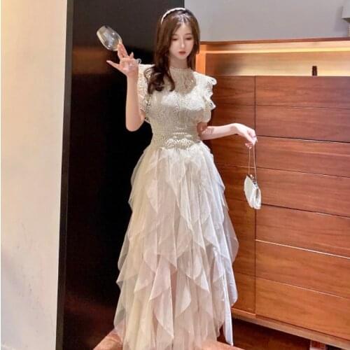French Runway Lace Splicing Mesh Princess Long Dress Women O-Neck Short Sleeve Party High Waist Hollo Out Summer Dress