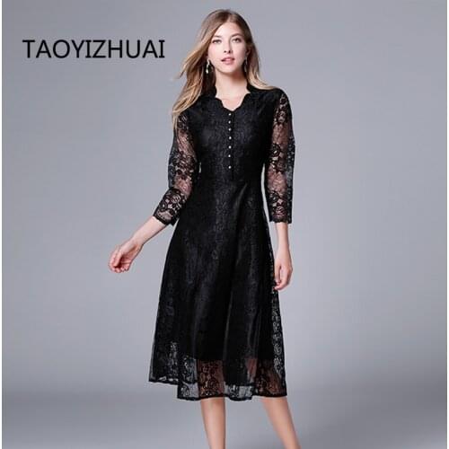 TAOYIZHUAI 2019 New Autumn Sexy Black Dress V-Neck Mid-Calf Plus Size L Dress Empire Hollow Out Regualr Lace Women Dress 14184