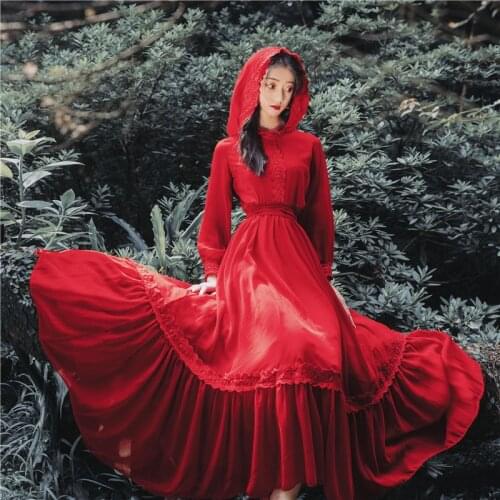 Literary retro red hooded chiffon dress desert vacation big swing long dress female beach vacation dress F1634