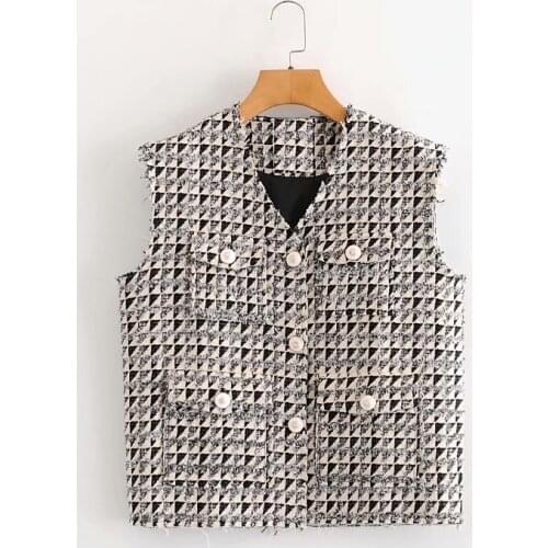 ZXQJ Women 2021 Fashion With Frayed Trim Tweed Waistcoat Vintage Sleeveless Pockets Female Waistcoat Chic Tops