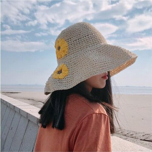 01912-pan368 summer handmade paper grass flower can fold lady beach holiday bucket cap women leisure hat