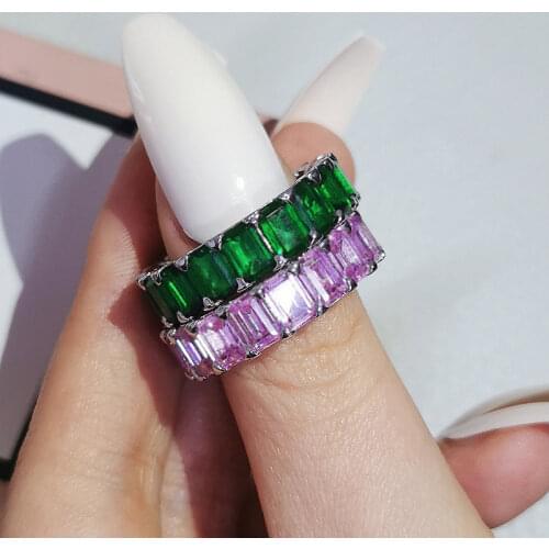 2pcs Per Set Luxury Pack Pink Green 925 Sterling Silver Wedding Band Eternity Ring for Women Gift Finger Lots Jewelry R4619