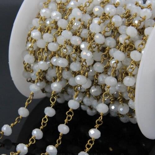 5Meter Rainbow titanium White Glass Bead Rosary Style Chain,Faceted Rondelle Brass Wire Wrapped Rosary Chains Necklace