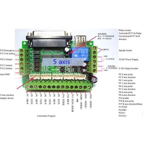 5 Axis CNC Interface Adapter Breakout Board For Stepper Motor Driver Mach3 + USB Cable, mach3 CNC controller