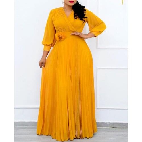 African Dresses for Women 2021 Summer African Women Plus Size Long Sleeve Yellow Long Dress African Clothes