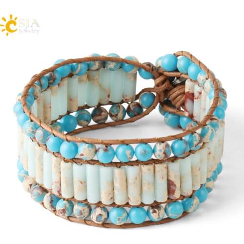 CSJA Bohemian Vintage Leather Wrap Bracelets Tube Shape Blue Emperor Beads Braided Bracelet for Women Boho Handmade Jewelry S563