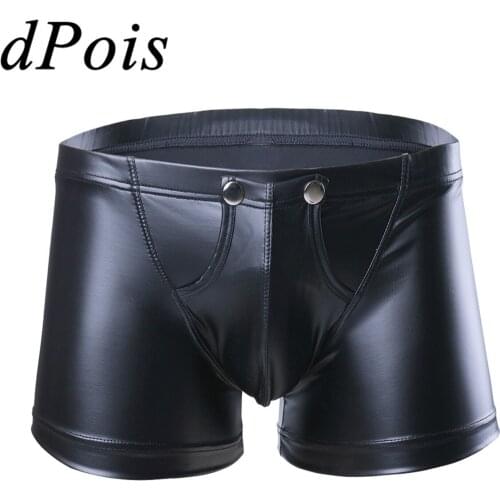 DPOIS Sexy Men Lingerie Faux Leather Boxers Shorts Male Man Hot Underwear Underpants Press Button and Bulge Pouch Black Swimsuit