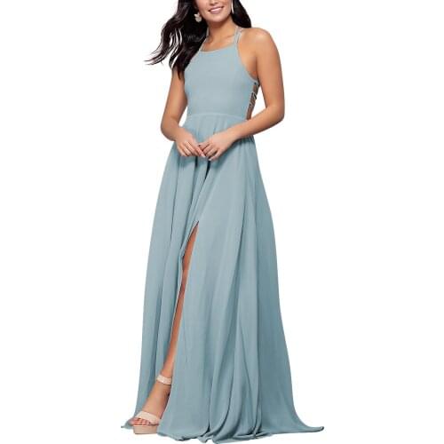 Elegant Womens A-Line Long Halter Chiffon Side Slit Prom Dresses with Pockets Spaghetti Straps Criss Cross Back Formal Wear