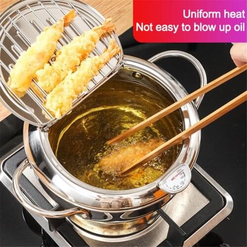 Japanese Style Tempura Fryer Deep Fryer With Thermometer And Lid Oil Splash For Gas Stove Induction Cooker Kitchen Cooking