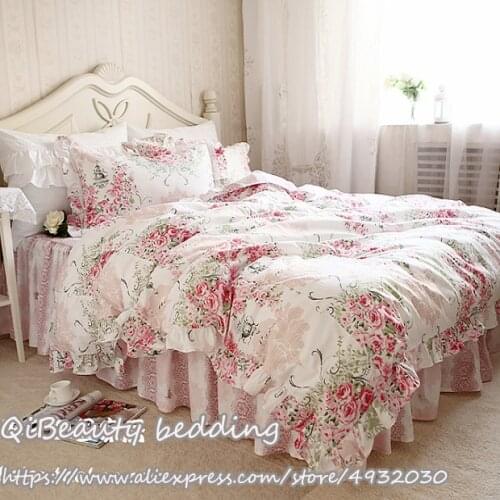 Korean version of beautiful pink rose pastoral style ruffled lace cotton cotton bed skirt King size bedding