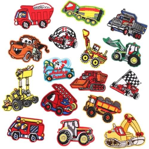 Cartoon Excavator Embroidery Patches Cloth Thermo Stickers Engineering Vehicle Iron on Patch Racing Cars Trucks Sewing Patterns