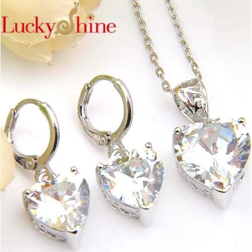 Luckyshine Dazzling Lover Heart Fire White Crystal Cubic Zirconia 925 Silver Pendants Necklaces Drop Earrings Jewelry Sets