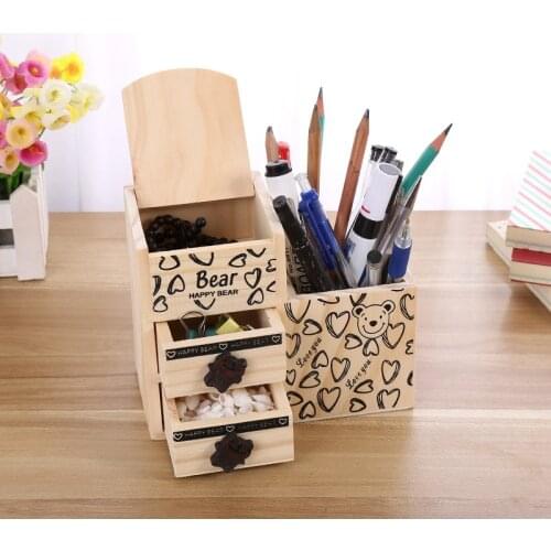 Novelty Cartoon Bear Wooden Pen Holders Kawaii Cute Desk Tidy Organizer Pencil Holder Stationery Pens Pot School Office Supplies